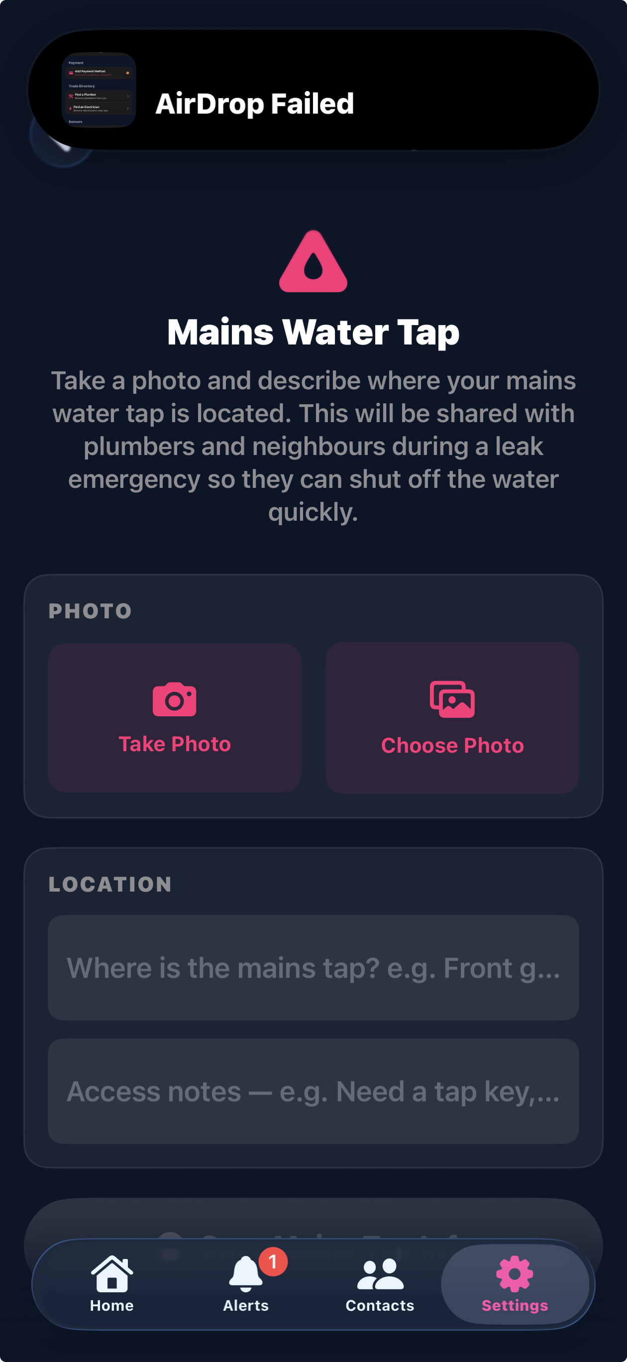 Mains water tap location