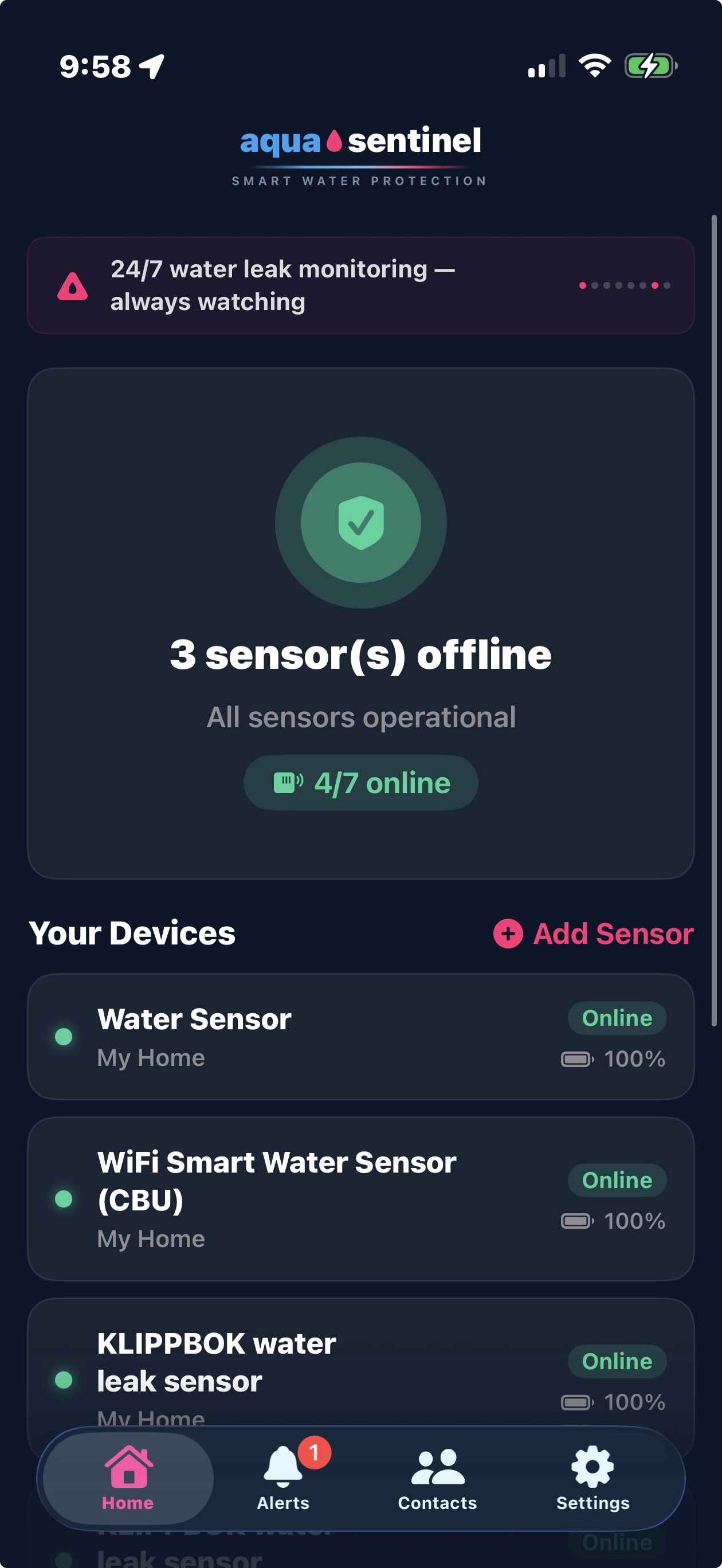 Home screen with live sensors